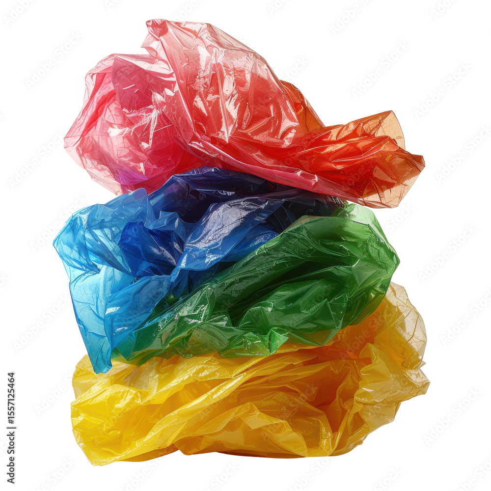 Fototapeta premium Colorful plastic bags stacked together create vibrant and eye catching display. bright hues of red, blue, green, and yellow evoke sense
