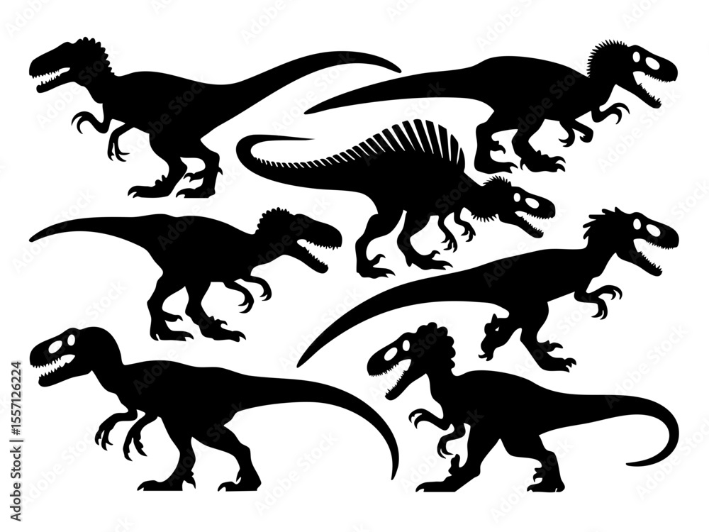 Naklejka premium Discover prehistoric world silhouette collection vector featuring dinosaur species and jurassic era animals vector art