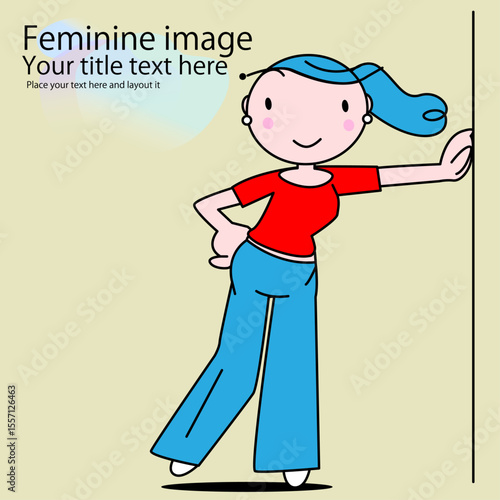 可愛い女性のちびキャラが壁にもたれるポーズ