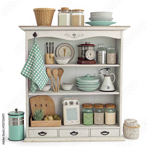 Charming country kitchen hutch filled with vintage style decor and utensils