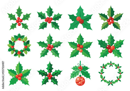Vector art of various holly leaf and berry designs isolated on white background, ideal for festive decorations