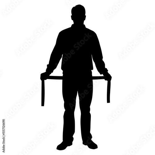 Man silhouette holding measuring tape. This image shows a male figure, standing upright, arms extended holding a measuring tape. The silhouette is perfect for weight loss, fitness