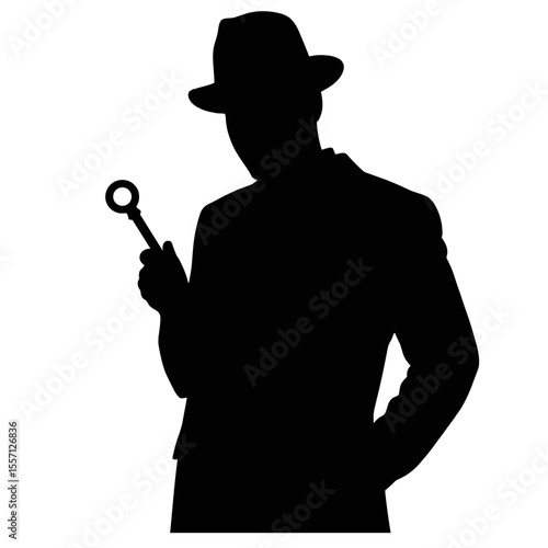 Stylish man silhouette holding key. Mysterious person in hat and suit. Silhouette image perfect for detective story illustrations, vintage posters, or noir themed designs.