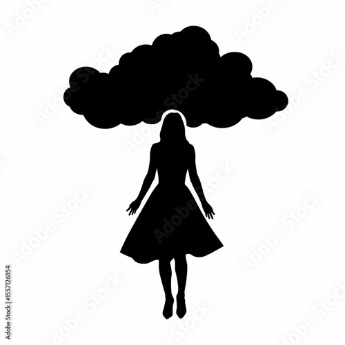 Woman silhouette under dark cloud.  Silhouette of young woman in dress with dark cloud above her head. This mysterious silhouette is perfect for creating evocative imagery and designs.