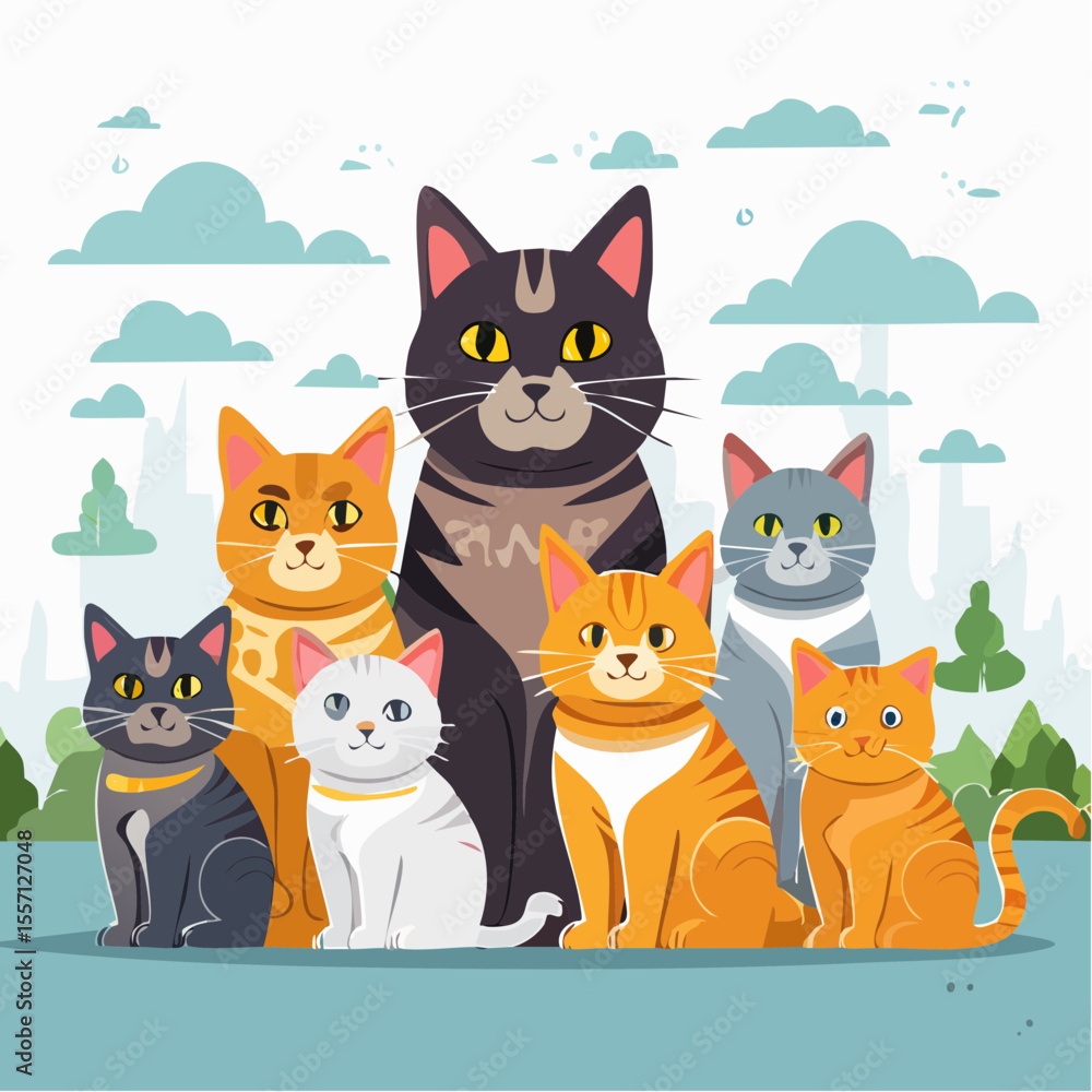Fototapeta premium Group of cute cartoon cats in various colors sitting together happily in a playful design, purrfect for kids' designs and pet-related projects.