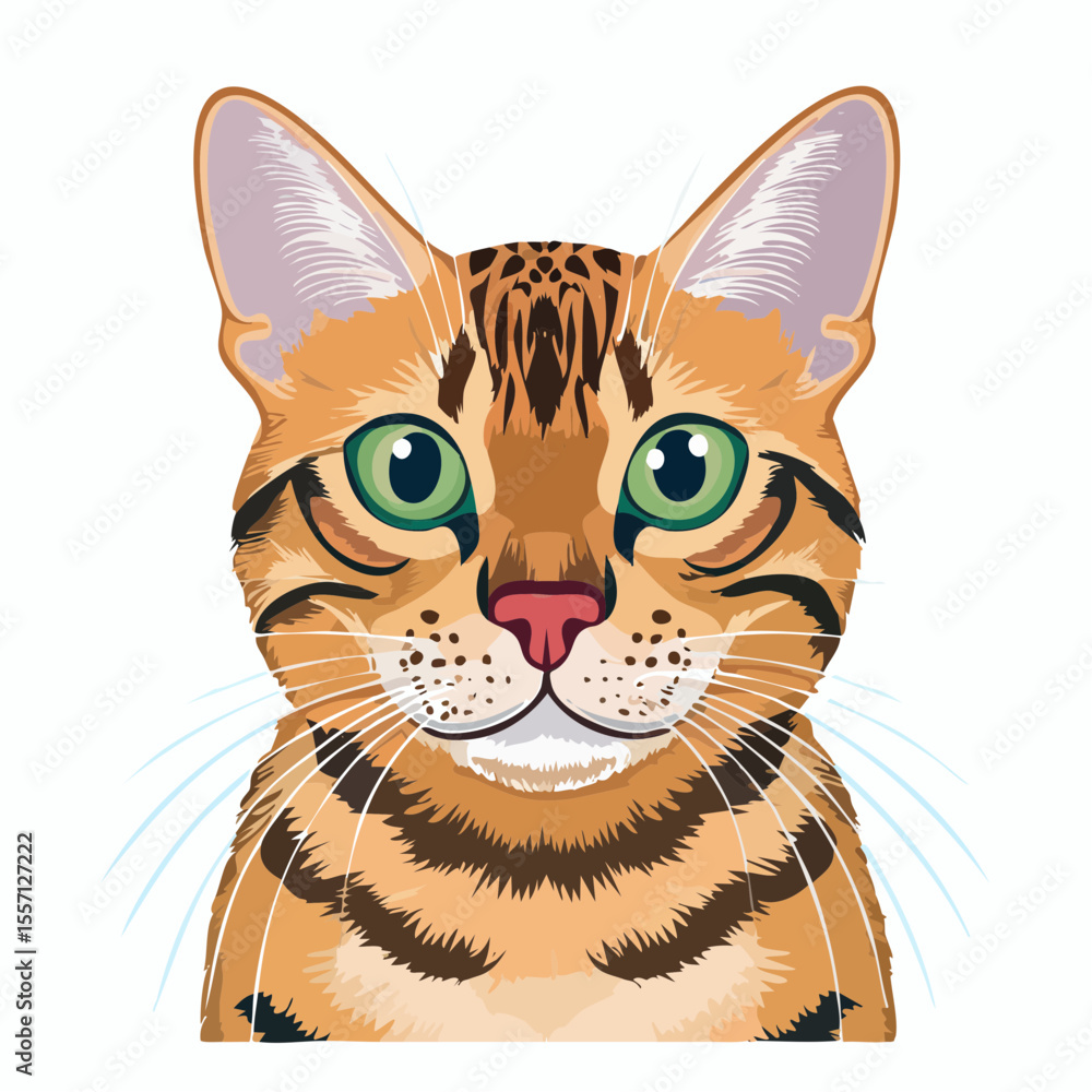 Obraz premium Captivating bengal cat portrait showing bright green eyes, detailed fur pattern, and charming feline expression in beautiful design.