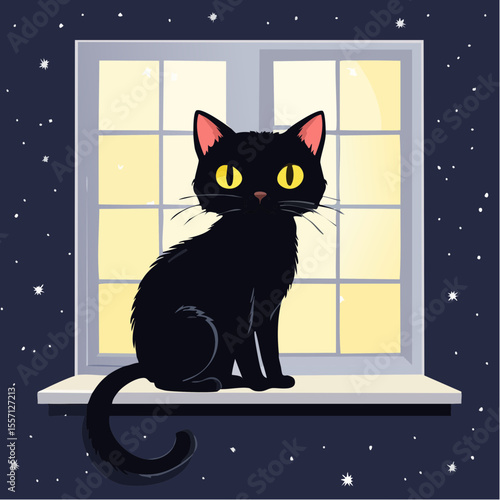Elegant black cat sits serenely on a window sill at night with twinkling stars creating a peaceful pet themed graphic.