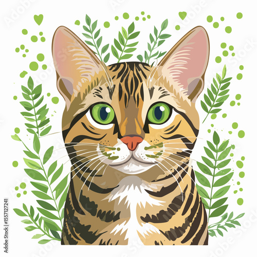 Charming cat portrait surrounded by green foliage offers a whimsical touch for various design projects involving animals and nature themes.