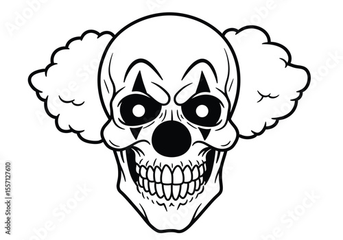 Clown skull drawing. It is a black and white outline image of a macabre cranium with clown makeup and ruffled hair, combining humor and horror. Vector sketch line art draw.