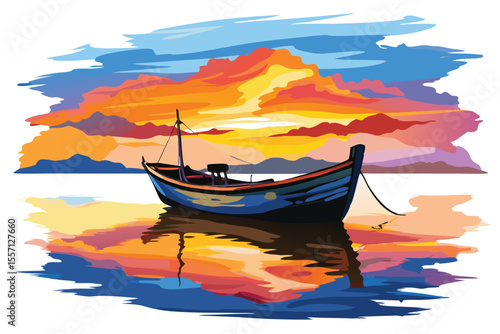 Wallpaper Mural Boat Moored at Sunset with Colorful Sky and Water Reflection Art Torontodigital.ca