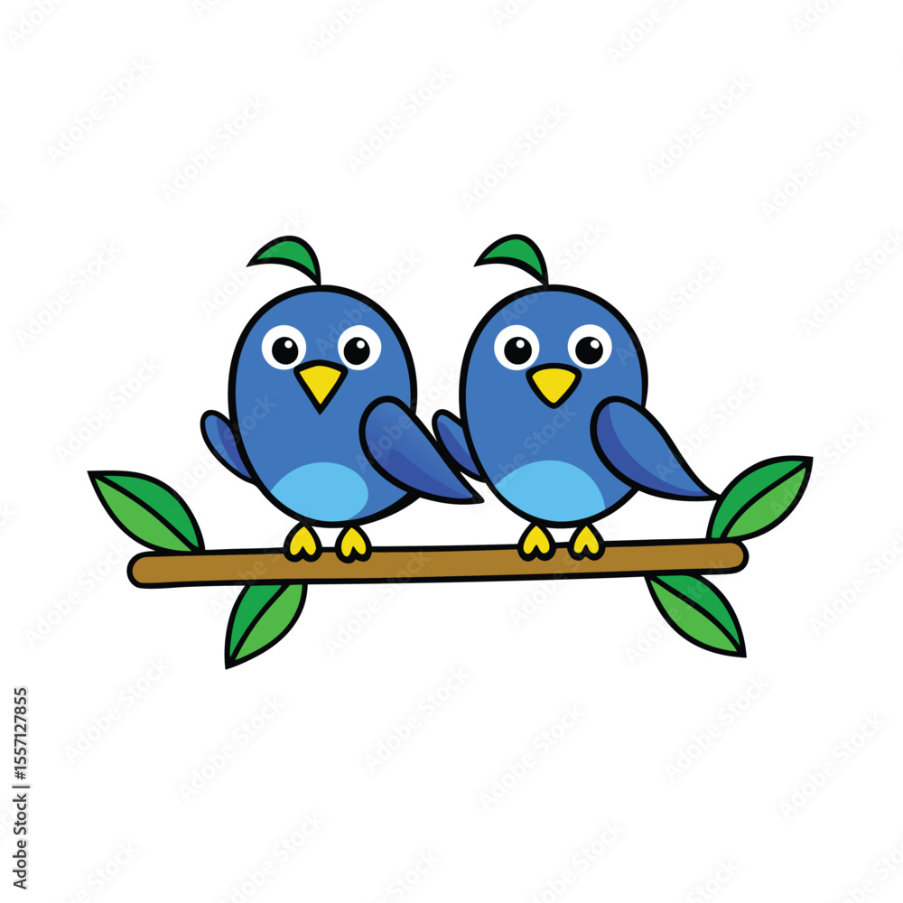 Cartoon Blue Birds on a Branch With Leaves Isolated on White Background Cartoon Blue Birds on a Branch With Leaves Isolated on White Background