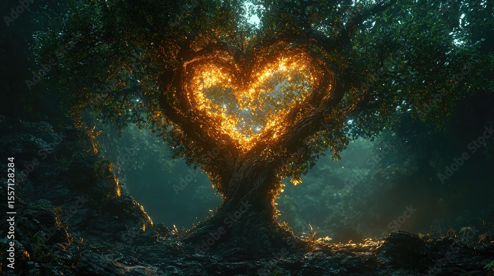 Obraz premium Heart-shaped glow emanating from a magnificent tree in a mystical forest.