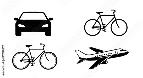 Simple black and white icons representing various modes of transportation, including a car, bicycle, and airplane.