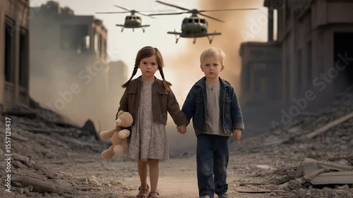 Children walking amidst war torn city hope and resilience