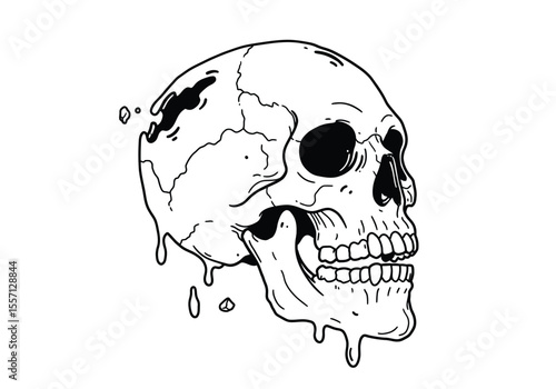 Melting skull drawing. It is a black and white outline image of a cranium seemingly liquefying, with drips and distorted features. Vector sketch line art draw.