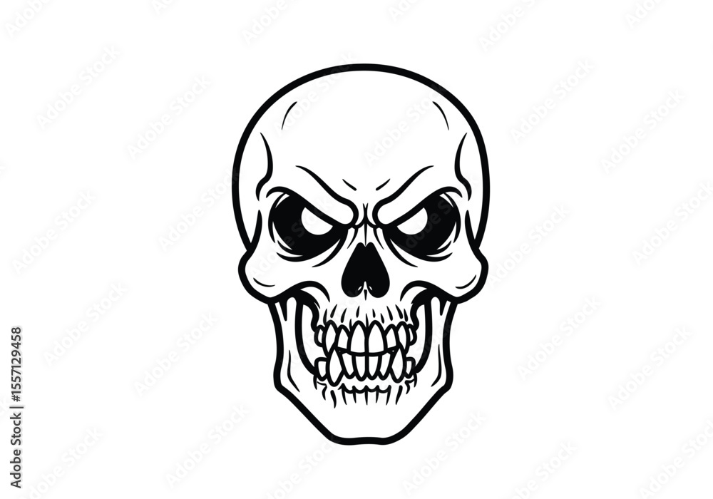 Angry skull drawing. It is a black and white outline image of a grim cranium with furrowed brows and bared teeth, conveying intense rage. Vector sketch line art draw. Angry skull drawing. It is a black and white outline image of a grim cranium with furrowed brows and bared teeth, conveying intense rage. Vector sketch line art draw.