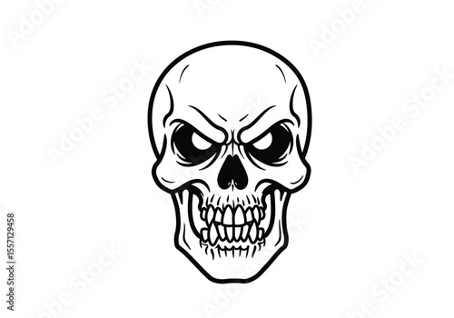 Angry skull drawing. It is a black and white outline image of a grim cranium with furrowed brows and bared teeth, conveying intense rage. Vector sketch line art draw.