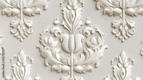 Ornate white floral damask pattern, repeating embossed design on off-white surface, symmetrical flourishes, elegant ornament background