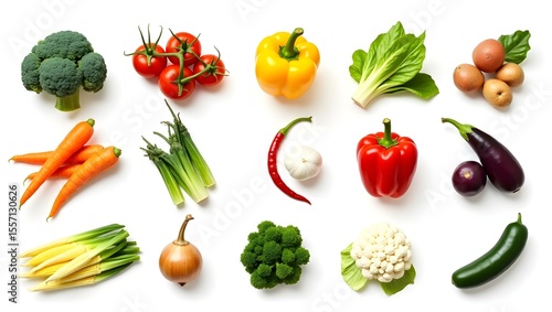  large set of isolated fresh vegetables arranged neatly on a pure white background.