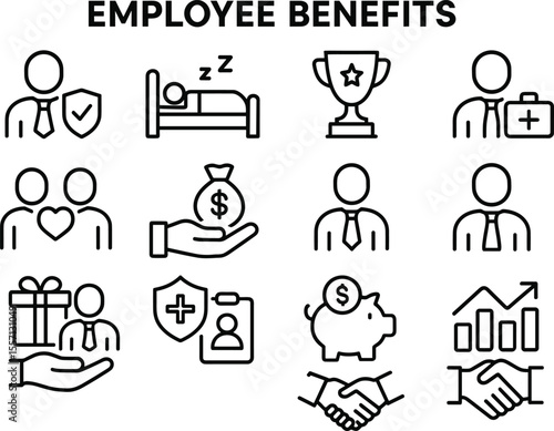 Employee Benefits Line Icons Set Human Resources and Staff Welfare Symbols on Transparent Background