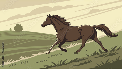Animated Bay Horse Galloping on Rolling Green Hills.