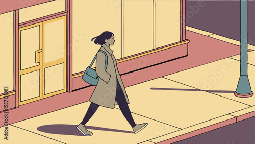 City Stroll: Woman Walking on Sidewalk, Flat Illustration, Muted Colors, Urban Scene.