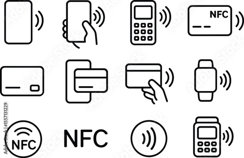NFC Contactless Payment Icons Set Outline Style on Transparent Background for Digital Transactions