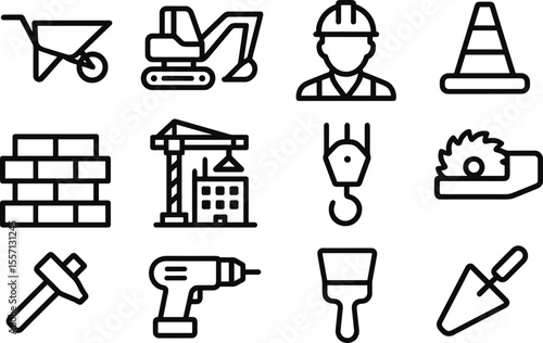 Construction Tools Icons Set Outline Style on Transparent Background for Building and Repair Projects