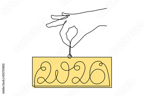  2026 and hand one line art, hand drawn continuous contour. Holiday concept year of the horse, festive New year handwriting text, minimalist design. Editable stroke. Isolated. Vector illustration