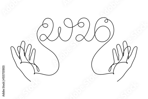  2026 and hand one line art, hand drawn continuous contour. Holiday concept year of the horse, festive New year handwriting text, minimalist design. Editable stroke. Isolated. Vector illustration