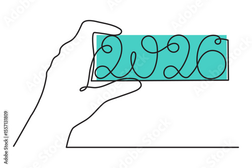  2026 and hand one line art, hand drawn continuous contour. Holiday concept year of the horse, festive New year handwriting text, minimalist design. Editable stroke. Isolated. Vector illustration