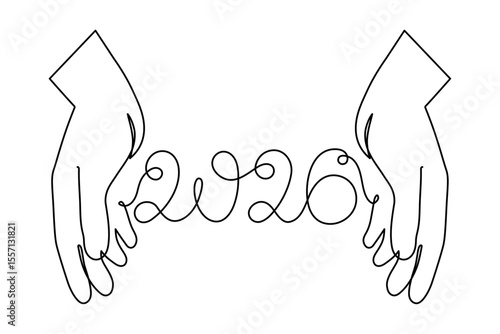  2026 and hand one line art, hand drawn continuous contour. Holiday concept year of the horse, festive New year handwriting text, minimalist design. Editable stroke. Isolated. Vector illustration