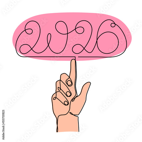  2026 and hand one line art, hand drawn continuous contour. Holiday concept year of the horse, festive New year handwriting text, minimalist design. Editable stroke. Isolated. Vector illustration