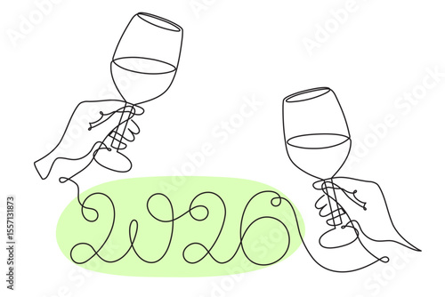 Hand holds wine clinking glass celebrating 2026 new year, one line art, continuous drawing contour. Cheers toast, festive hand-drawn holiday decoration, simple minimalist design. Editable stroke