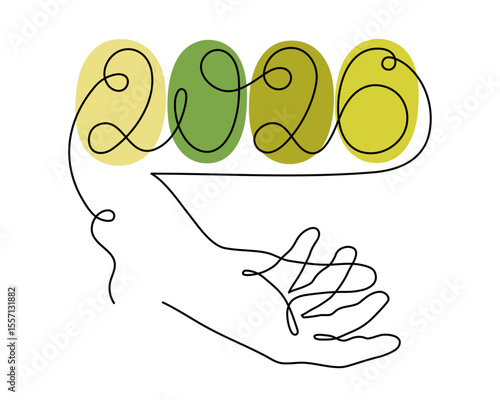  2026 and hand one line art, hand drawn continuous contour. Holiday concept year of the horse, festive New year handwriting text, minimalist design. Editable stroke. Isolated. Vector illustration