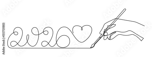  2026 and hand one line art, hand drawn continuous contour. Holiday concept year of the horse, festive New year handwriting text, minimalist design. Editable stroke. Isolated. Vector illustration