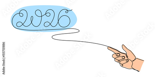  2026 and hand one line art, hand drawn continuous contour. Holiday concept year of the horse, festive New year handwriting text, minimalist design. Editable stroke. Isolated. Vector illustration