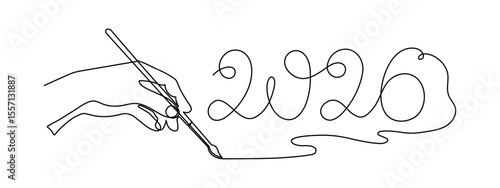 Hand holds wine clinking glass celebrating 2026 new year, one line art, continuous drawing contour. Cheers toast, festive hand-drawn holiday decoration, simple minimalist design. Editable stroke