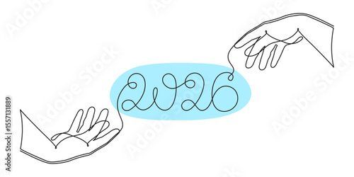  2026 and hand one line art, hand drawn continuous contour. Holiday concept year of the horse, festive New year handwriting text, minimalist design. Editable stroke. Isolated. Vector illustration
