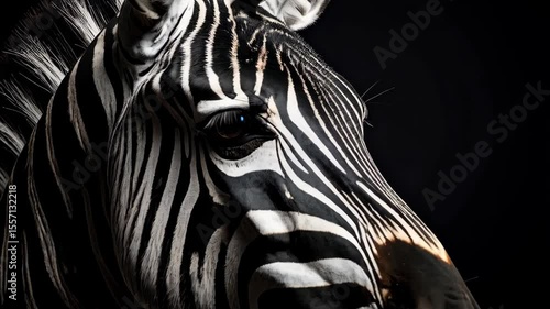 Striking zebra portrait featuring bold black and white stripes, highlighting its unique fur pattern and captivating eye contact in a dramatic light