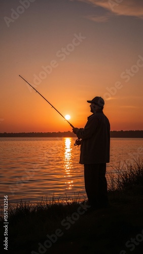 A silhouette of a fisherman casting a line into the water at sunset with orange sky reflection