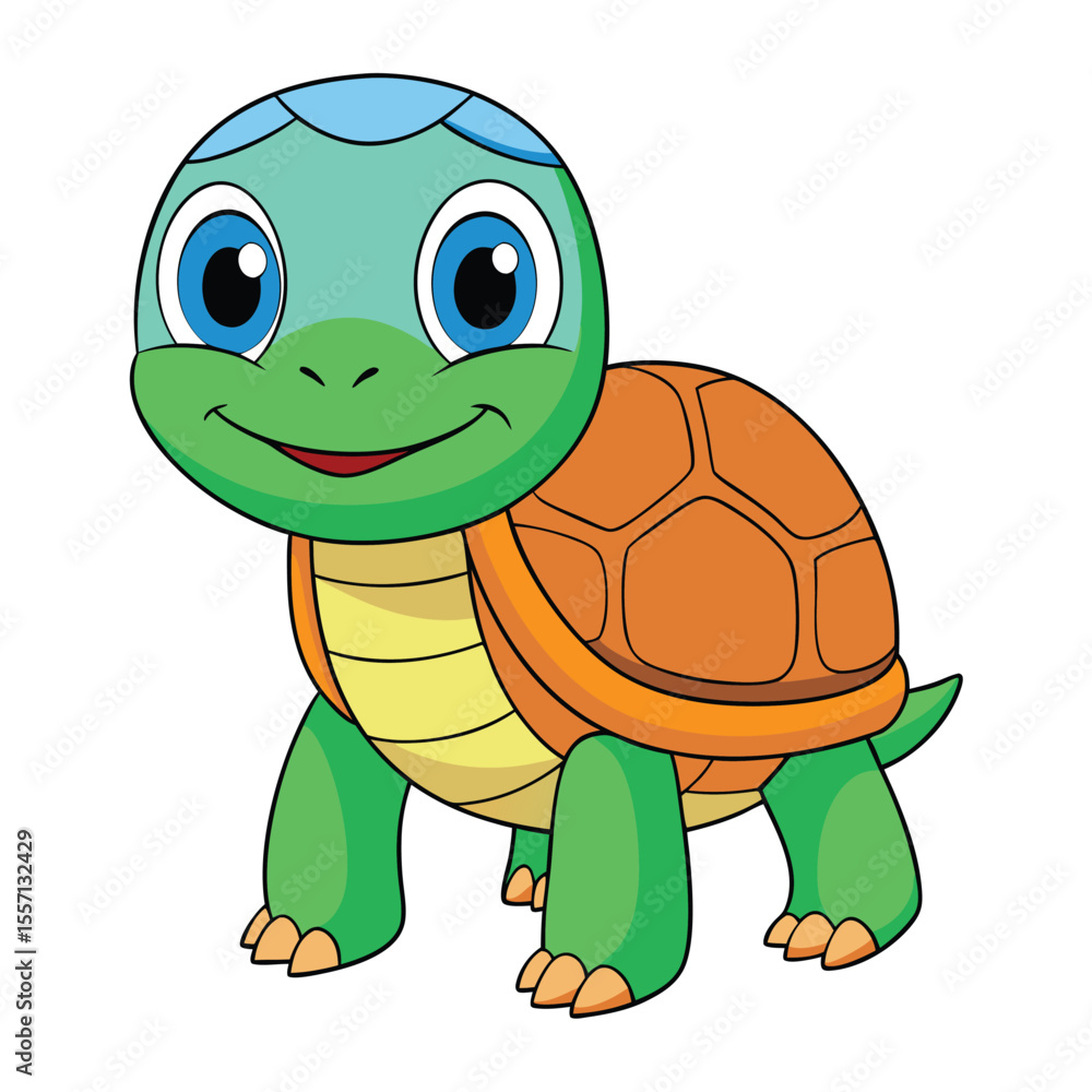 Fototapeta premium Cartoon Turtle Illustration Green Head, Orange Shell, Large Blue Eyes, and Cheerful Smile