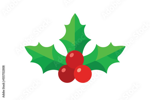 Christmas Holly Berries Illustration Three Bright Red Berries with Green Leaves on White