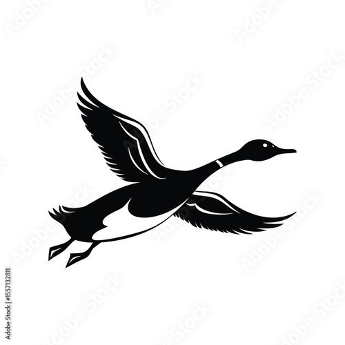 Elegant black duck in flight silhouette, ideal for logos, wildlife art, or outdoor designs. This minimalist vector captures grace and freedom.