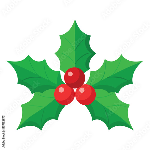 Christmas Holly Three Red Berries with Sharp Green Leaves Illustration on White