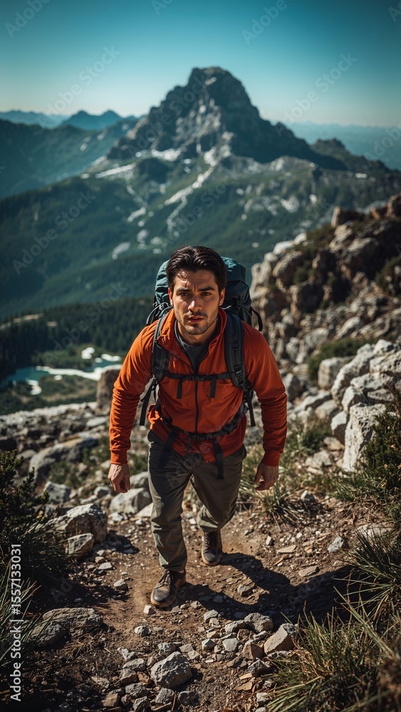 Obraz premium A man with a backpack hiking up a rocky mountain trail on a sunny day with a mountain in the background