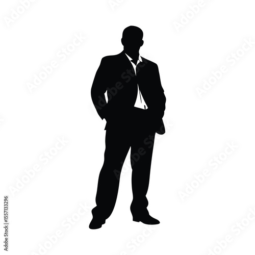 Bold silhouette of a confident man in a suit, ideal for business logos, posters, or illustrations. This minimalist vector art conveys professionalism and strength