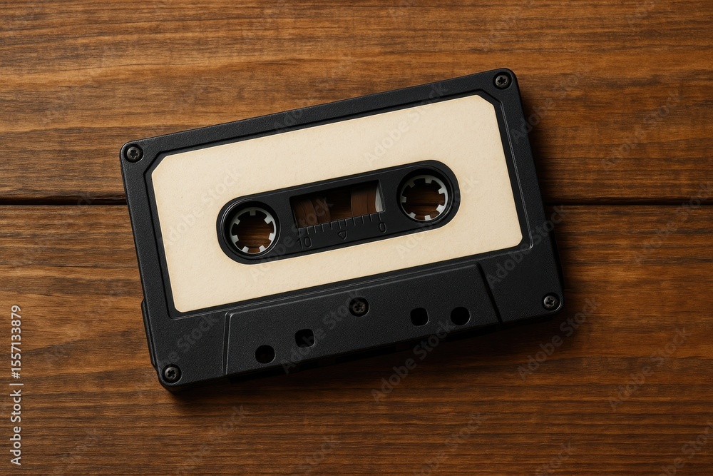 Fototapeta premium Vintage black cassette resting on a wooden surface