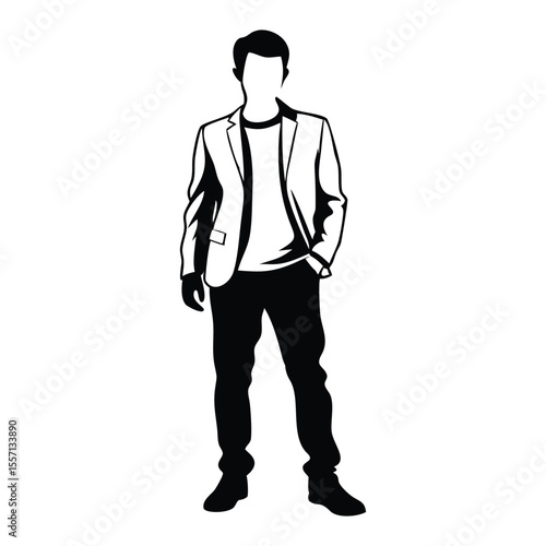 Sleek silhouette of a man in a blazer with hands in pockets, ideal for fashion ads, posters, or art prints. This stylish vector art exudes confidence and modernity.