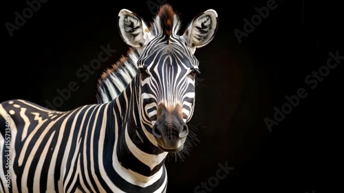 Striking zebra portrait facing camera on black background showcases distinctive black and white striped coat, with focus on head and neck